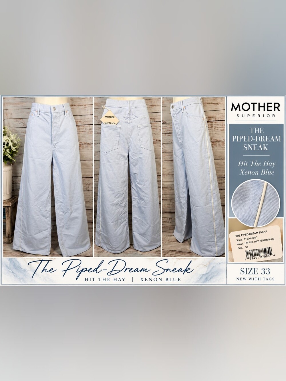 MOTHER The Piped-Dream Sneak Wide Leg Jeans 33 Xenon Blue NWT